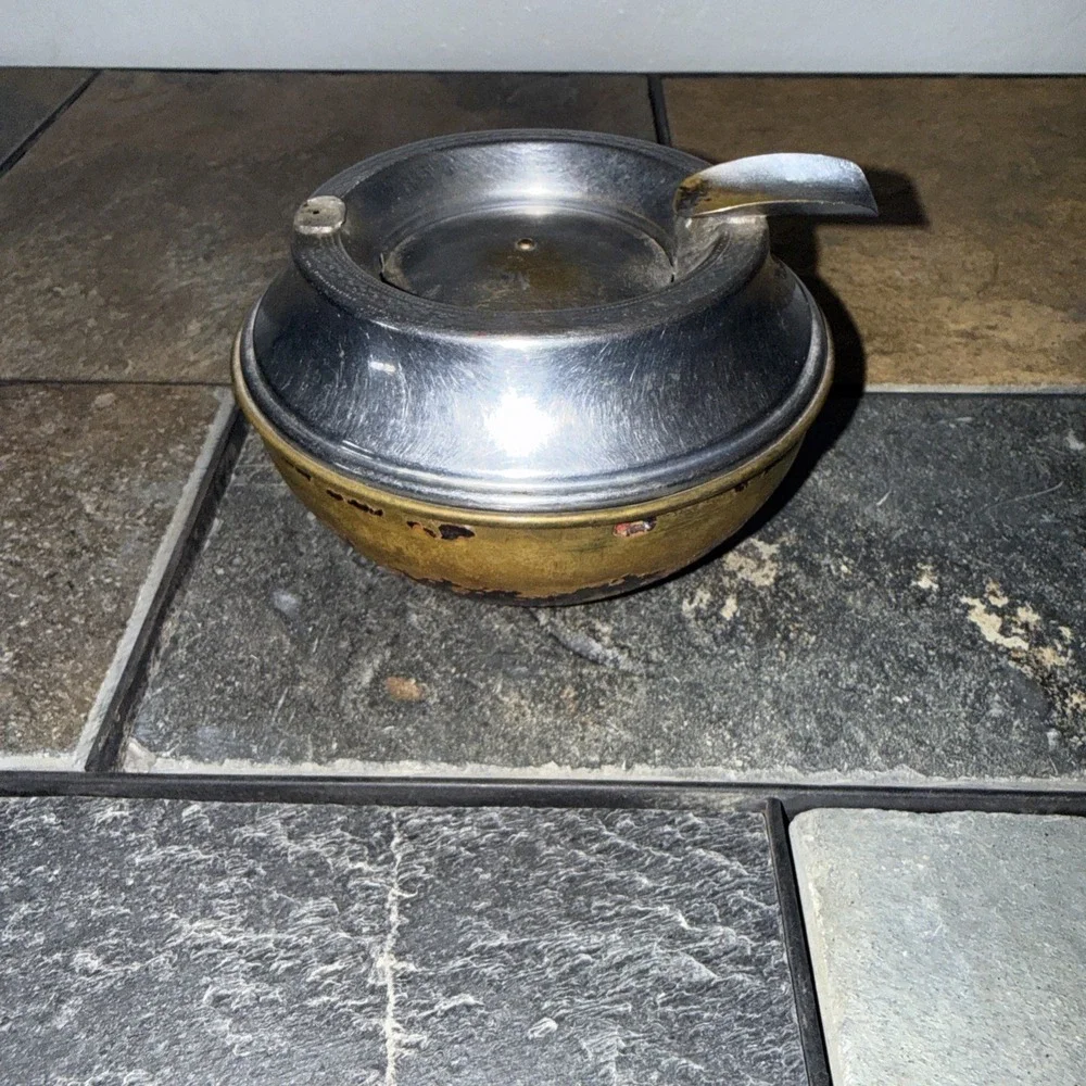 Vintage MCM Silent Butler Ashtray Chrome and Brass‎ Two Tone Metal Tobacciana